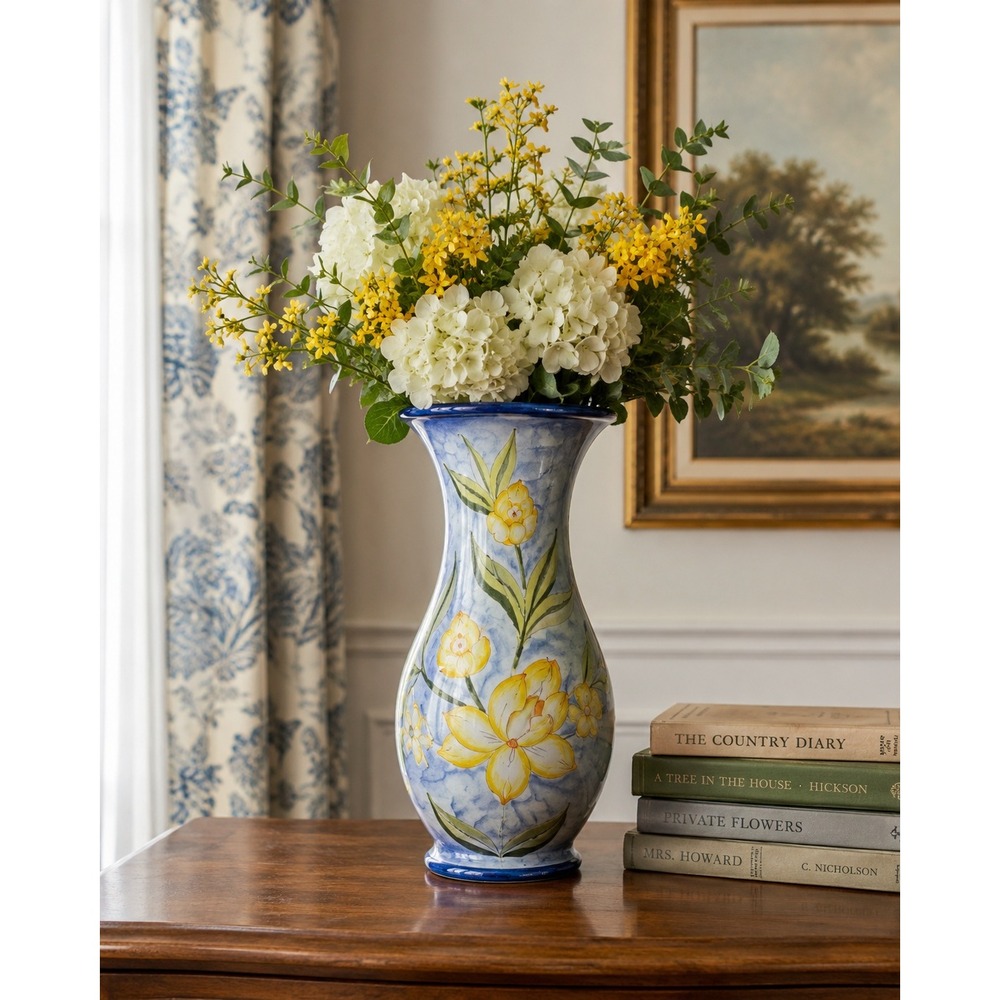 Hand-Painted Floral‎ Vase Ceramic Grand Millennial Tall Botanical Pottery Decor